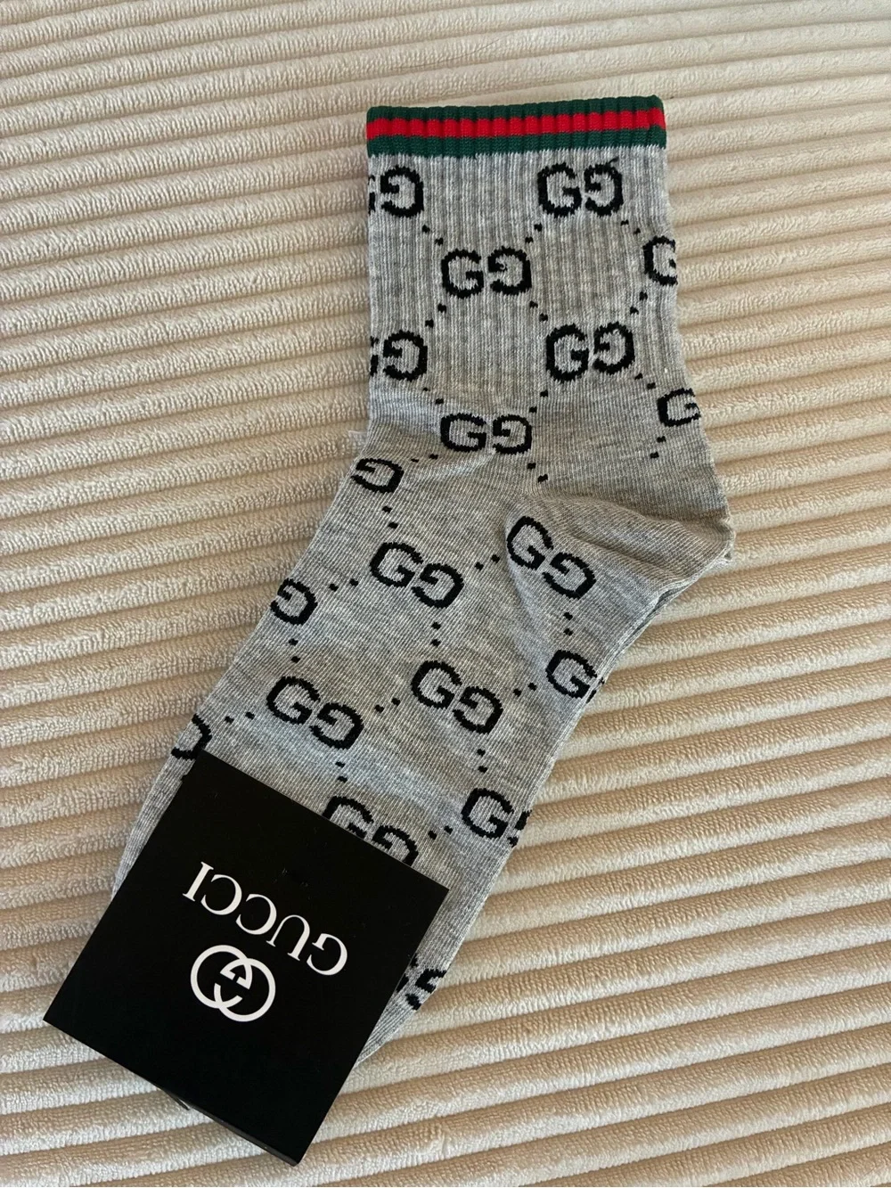 Gucci Gray Crew Socks with Black GG Pattern and Red & Green Trim